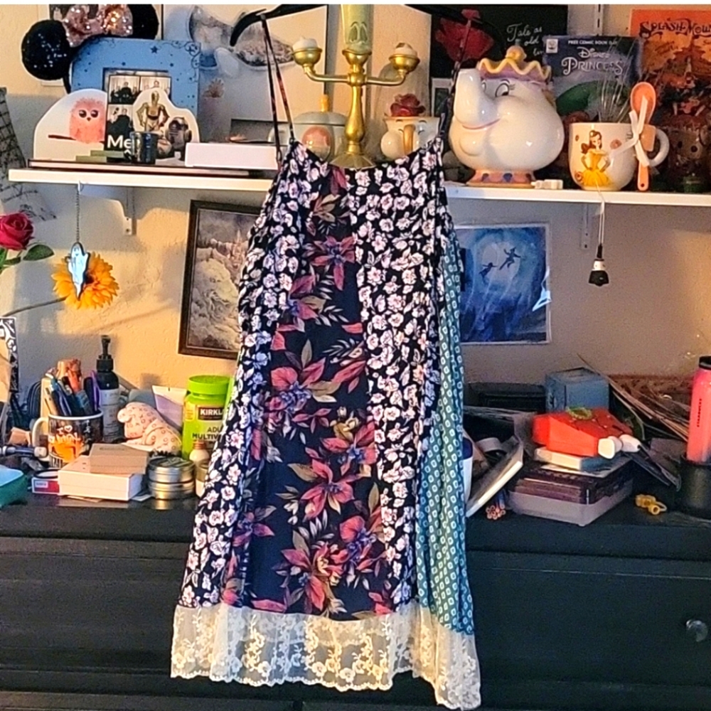 Floral Patchwork Slip Dress with Lace Hem